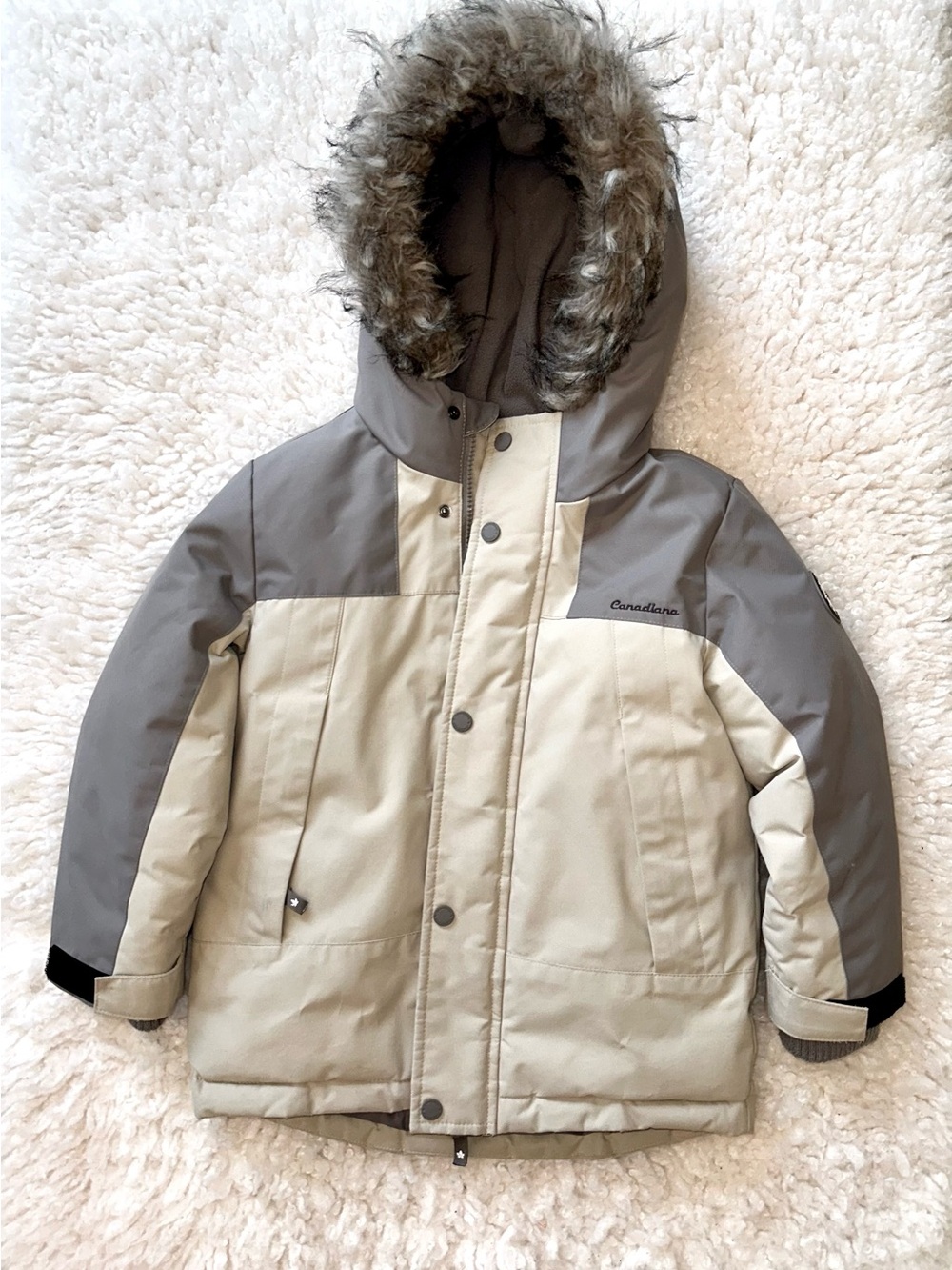 Kids' Beige & Gray Insulated Hooded Puffer Jacket with Faux-Fur Trim/ Size 6